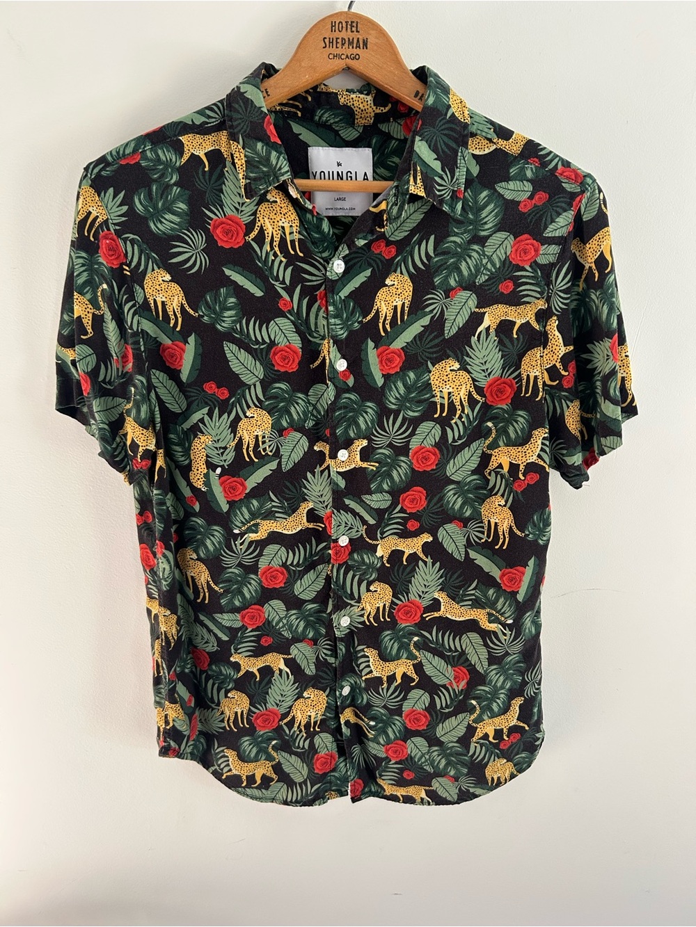 YoungLA Mens Large Cheetah Jungle Printed Short Sleeve Viscose Button Up